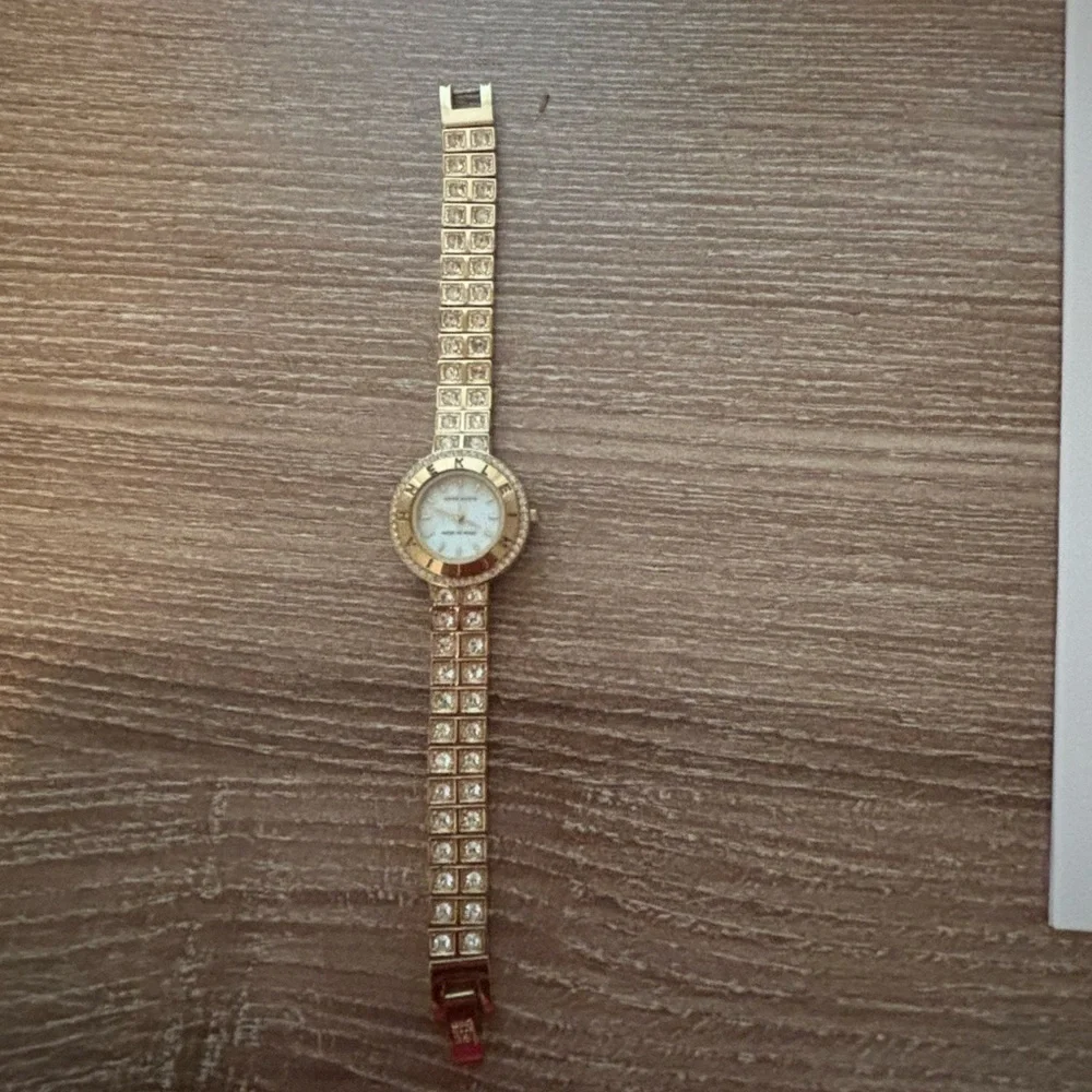Anne Klein Gold Plated Rhinestone Bling Watch Water Resistant Logo Face 7” Dress